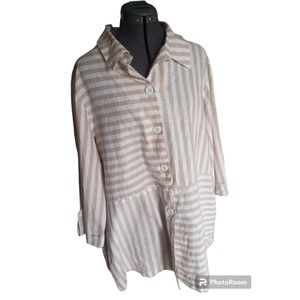 Kaktus woman's tan and white stripe 3/4 sleeve tunic top, 1X